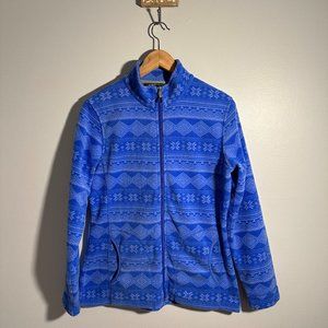 Woolrich Fleece Jacket Women's Medium Blue Fair Isle Full Zip Mock Neck Pocket
